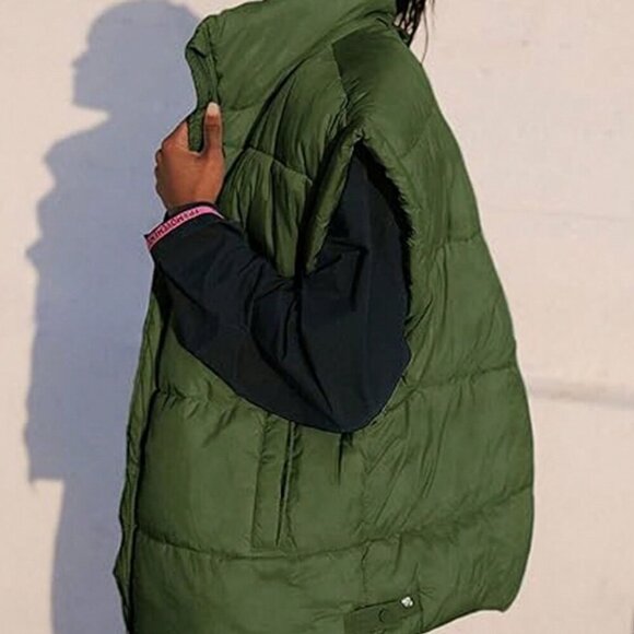 Army Green Casual Women's stand collar Sleeveless Quilted Puffer Vest Jacket - Picture 3 of 5